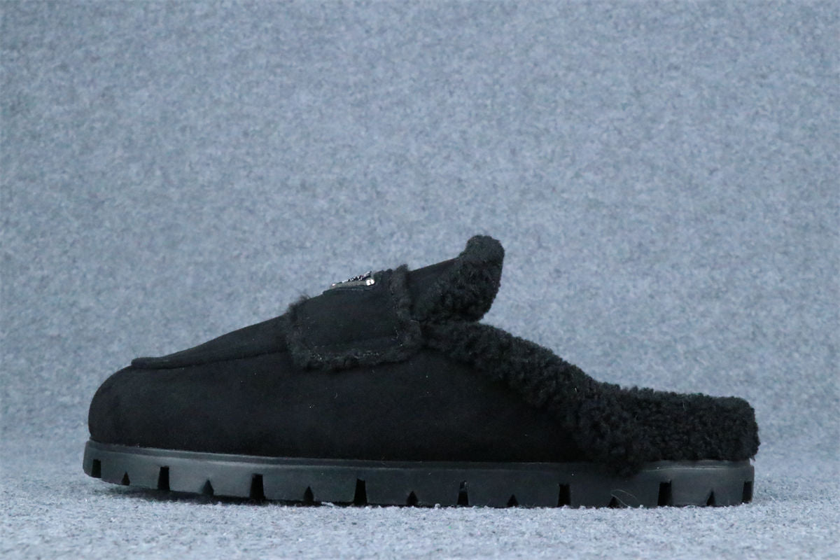 PRD Triangle Logo-Plaque Shearling Backless Loafer