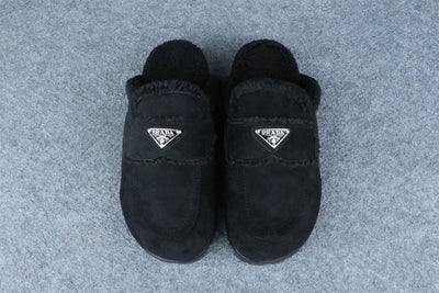 PRD Triangle Logo-Plaque Shearling Backless Loafer