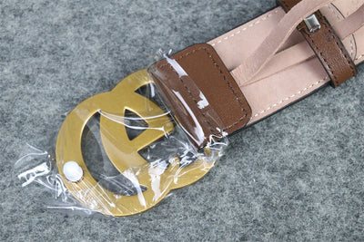 GG Leather Belt with Double G Buckle, 1.5” Width ‘Brown’