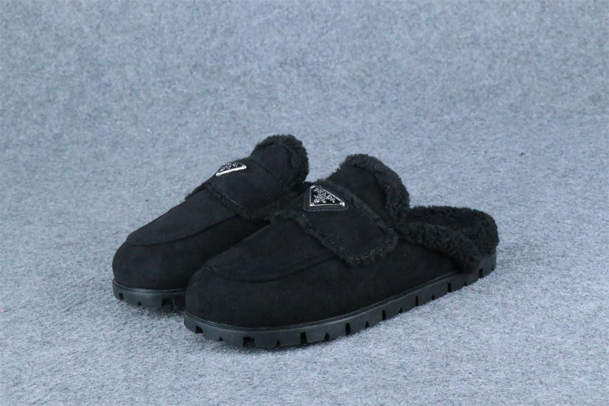 PRD Triangle Logo-Plaque Shearling Backless Loafer