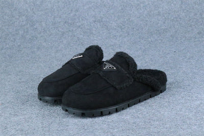 PRD Triangle Logo-Plaque Shearling Backless Loafer