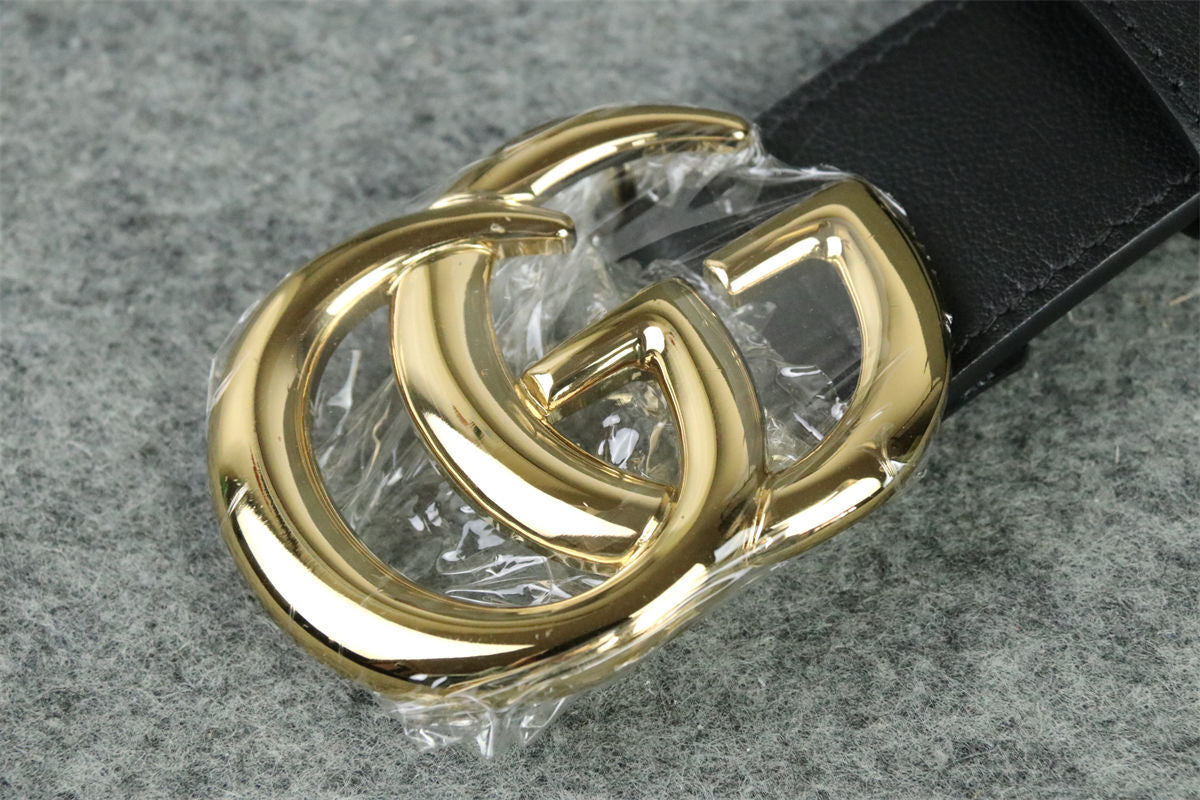 Double G Leather Belt with Antique Brass Buckle, 1” Width ‘Black’