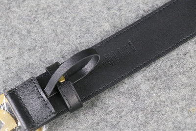 Double G Textured Leather Belt with Antique Brass Buckle, 1.5” Width ‘Black’