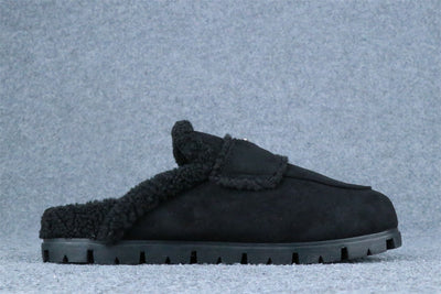 PRD Triangle Logo-Plaque Shearling Backless Loafer