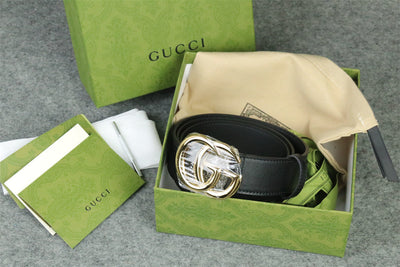 Double G Leather Belt with Antique Brass Buckle, 1” Width ‘Black’