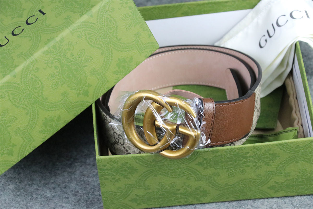 GG Leather Belt with Double G Buckle, 1.5” Width ‘Brown’