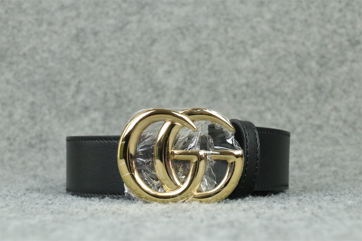 Double G Leather Belt with Antique Brass Buckle, 1” Width ‘Black’