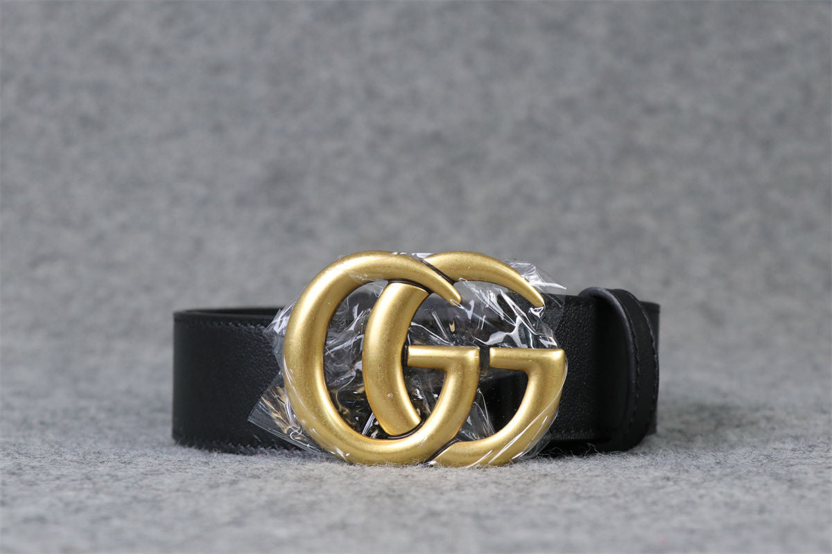 Double G Textured Leather Belt with Antique Brass Buckle, 1.5” Width ‘Black’
