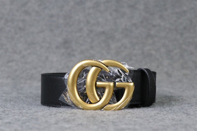 Double G Textured Leather Belt with Antique Brass Buckle, 1.5” Width ‘Black’