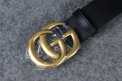Double G Textured Leather Belt with Antique Brass Buckle, 1.5” Width ‘Black’