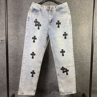CHROME HEARTS Blue Jeans With Black Leather Crosses