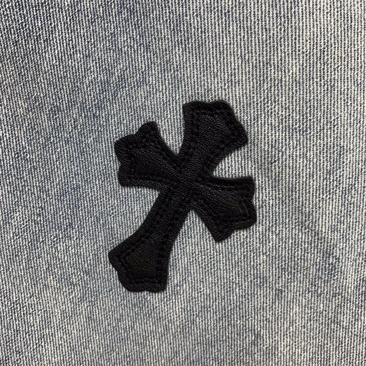 CHROME HEARTS Blue Jeans With Black Leather Crosses