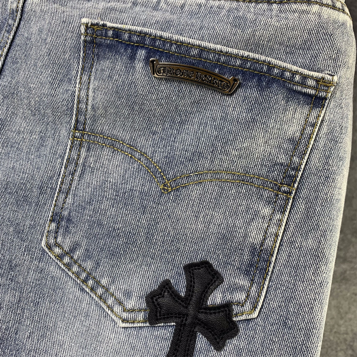 CHROME HEARTS Blue Jeans With Black Leather Crosses