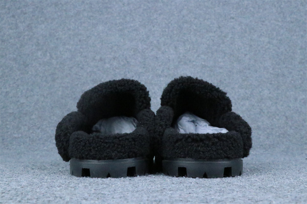 PRD Triangle Logo-Plaque Shearling Backless Loafer