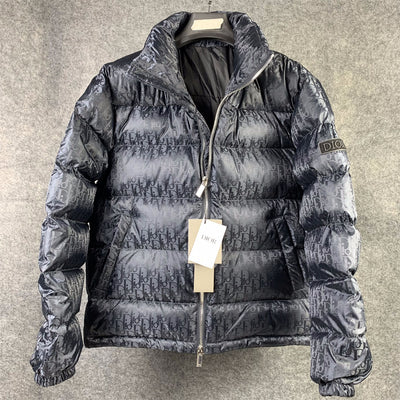 Oblique Motif Down Jacket in Navy Technical Jacquard